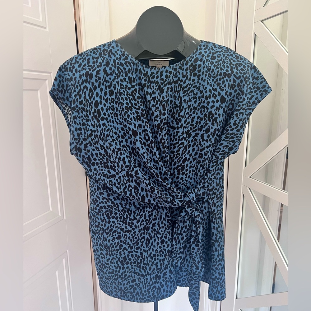 Women’s Blue Leopard Print Tie Blouse by Como Vintage, Size L